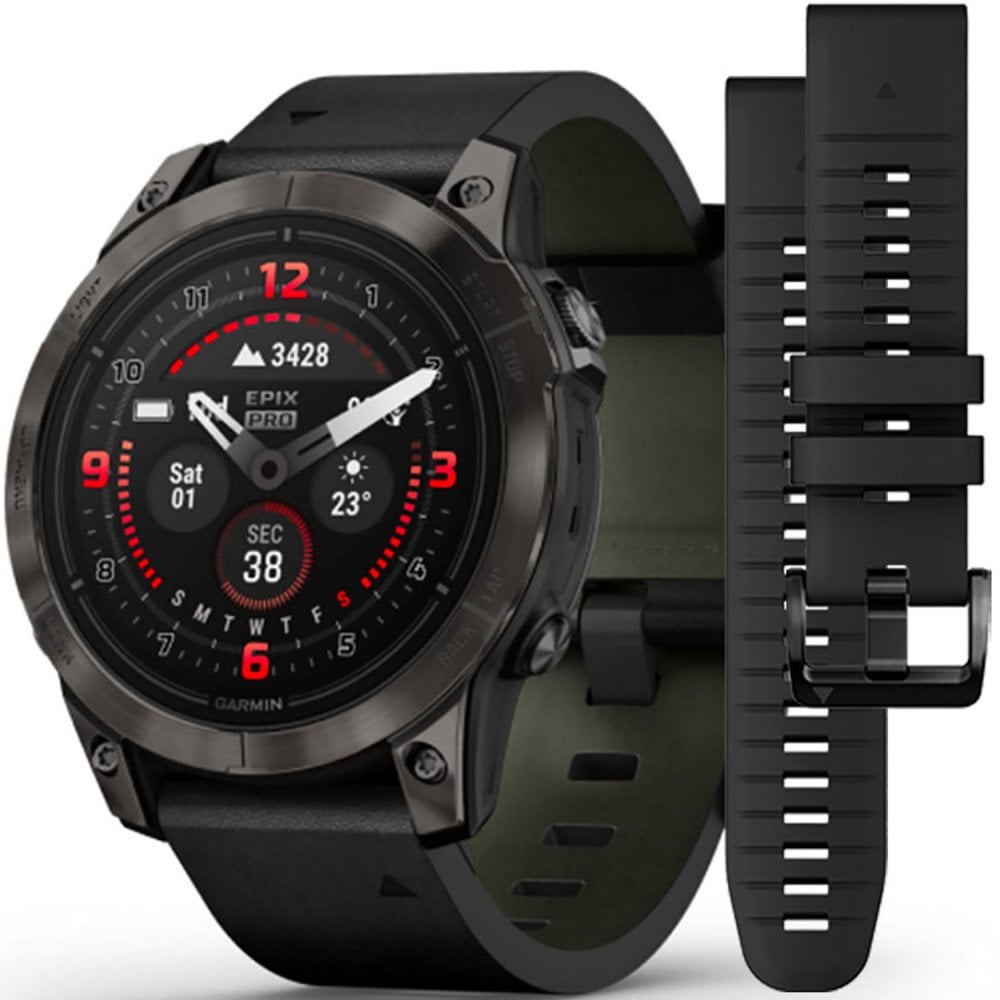 epix™ PRO (Gen 2) 47mm Carbon Grey DLC Titanium Smartwatch With Black Leather Band