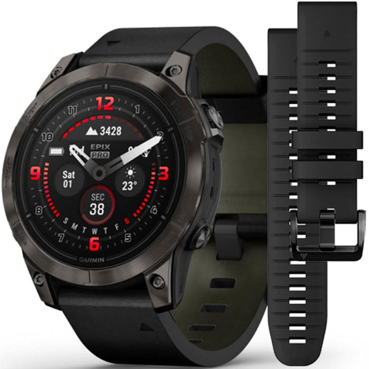 epix™ PRO (Gen 2) 47mm Carbon Grey DLC Titanium Smartwatch With Black Leather Band